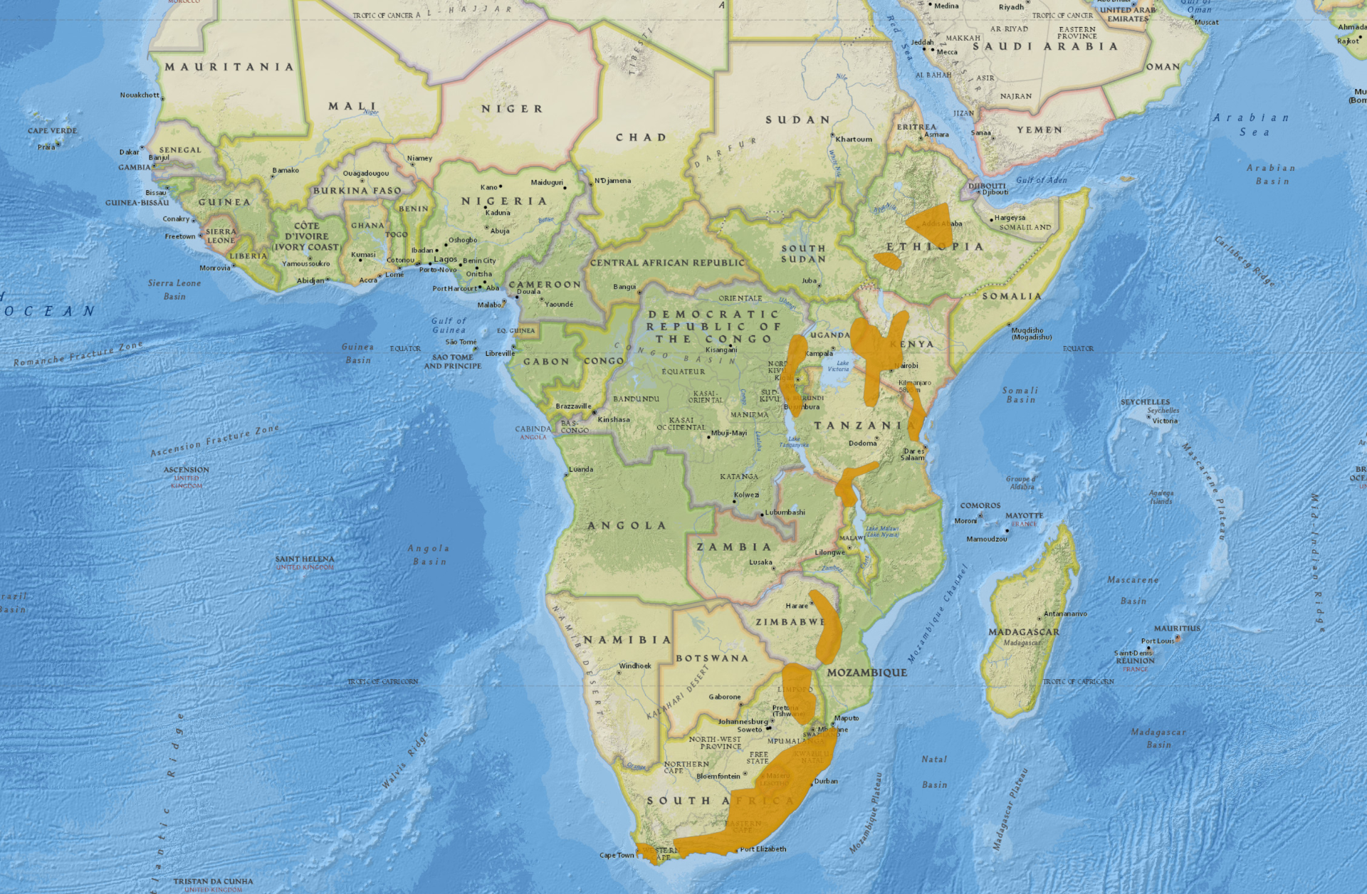 Areál výskytu plcha afrického podle IUCN